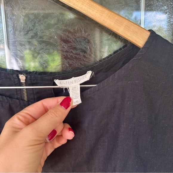 Eileen Fisher Organic Linen Black Boxy Pockets Baggy Midi Short Sleeve Dress - Picture 2 of 6